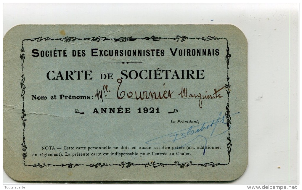 CARTE 38 SOCIETE DES EXCURSIONNISTES VOIRONNAIS CARTE DE SOCIETAIRE 1921 - Voiron