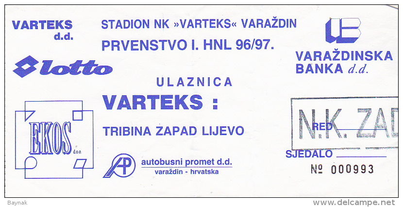 CROATIA ---- VARAZDIN    --  FOOTBALL TICKET  ----  NK  VARTEKS  -  NK ZADAR  --  1996 - Eintrittskarten