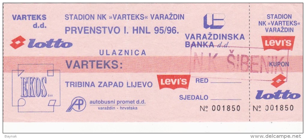 CROATIA ---- VARAZDIN    --  FOOTBALL TICKET  ----  NK  VARTEKS  -  NK SIBENIK  --  1995 - Eintrittskarten