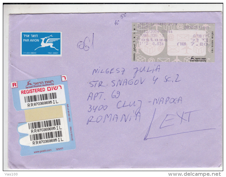 AMOUNT 7.8, MACHINE STAMPS ON REGISTERED COVER, 2004, ISRAEL - Storia Postale