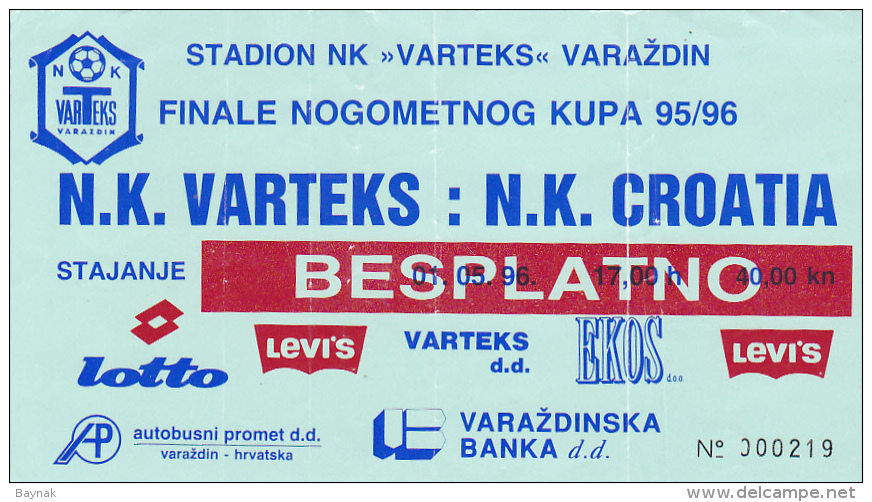 CROATIA ---- VARAZDIN    --  FOOTBALL TICKET  ----  NK  VARTEKS  -  NK CROATIA   --  1995 - Eintrittskarten