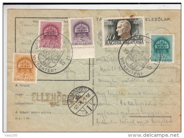 HORTHY MIKLOS, ROYAL CROWN STAMPS, SZATMARNEMETI VISSZATERT ROUND STAMP, MILITARY POSTCARD, 1940, HUNGARY - Lettres & Documents