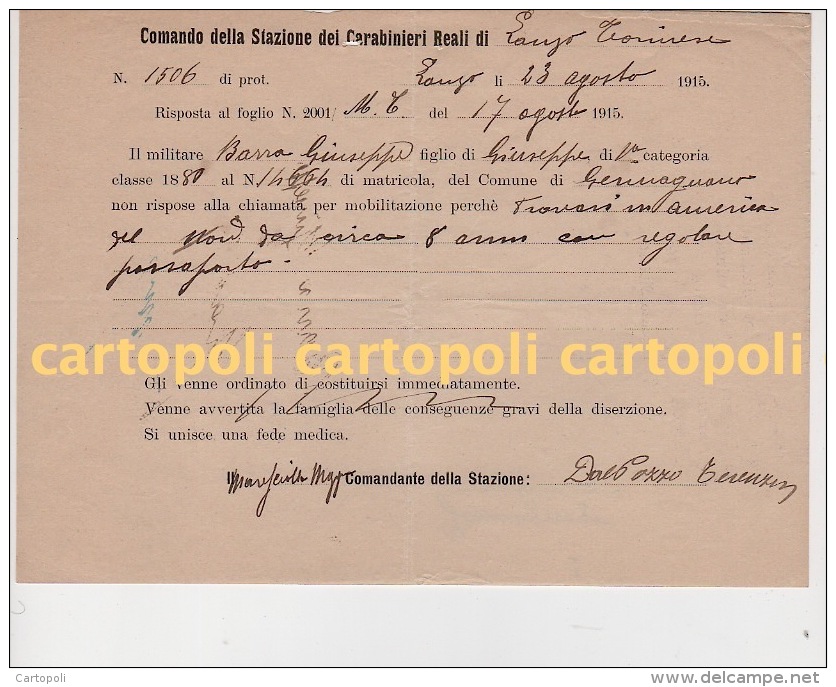 ^ 1915 CARABINIERI REALI LANZO TORINESE CARIGNANO TORINO DATA DOCUMENTO MILITARE 27 - Historische Documenten