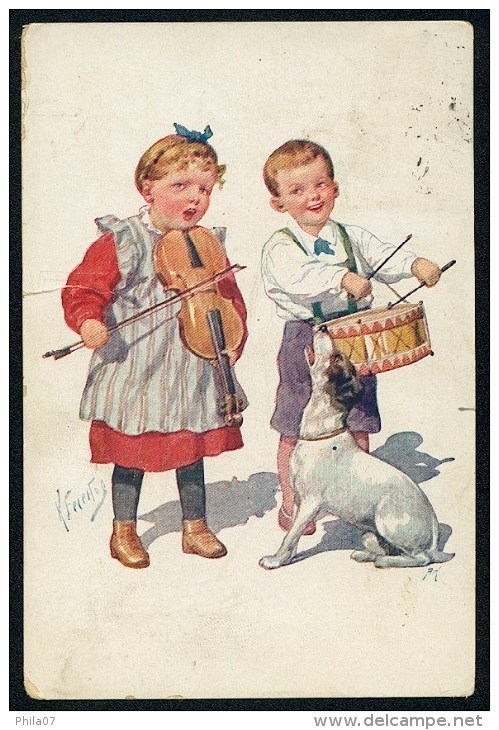 Feiertag, K. - Boy, Drums, Girl, Violin, Dog - B.K.W.I. 974-2 ------- Postcard Traveled - Feiertag, Karl