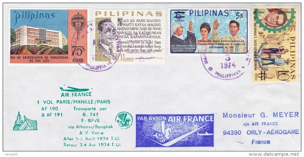 LETTRE PREMIER VOL PHILIPPINE /MANILLE /PARIS VIA ATHENES-BANGKOK 1974 - Avions