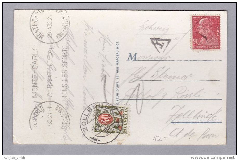 Heimat BE ZOLLBRÜCK 1930-10-01 Auf 40Rp Strafporto Karte Aus Monte-Carlo - Portomarken