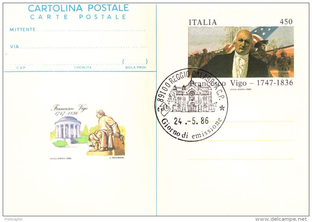 Cartolina Postale Non Viaggiata (Italia) FRANCESCO VIGO 1986, Annullo Fdc Reggio C. - Interi Postali