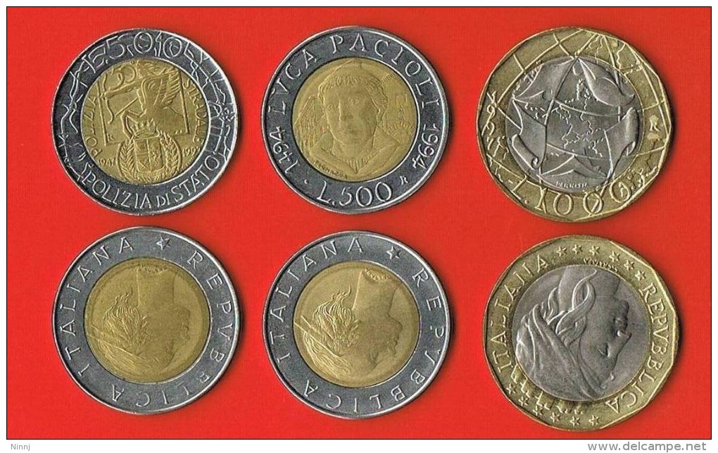 26 -Italia Lotto 3 Monete - £. 1.000 1997 + £. 500 1994 LUCA  PACIOLI + 1997 Polizia Di Stato - 500 Liras