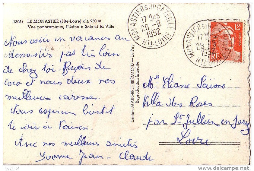 HAUTE LOIRE - MONASTIER SUR GAZEILLE LE 26-8-1952 SUR 12F GANDON - CARTE POSTALE LE MONASTIER L'USINE A SOIE. - Cachets Manuels