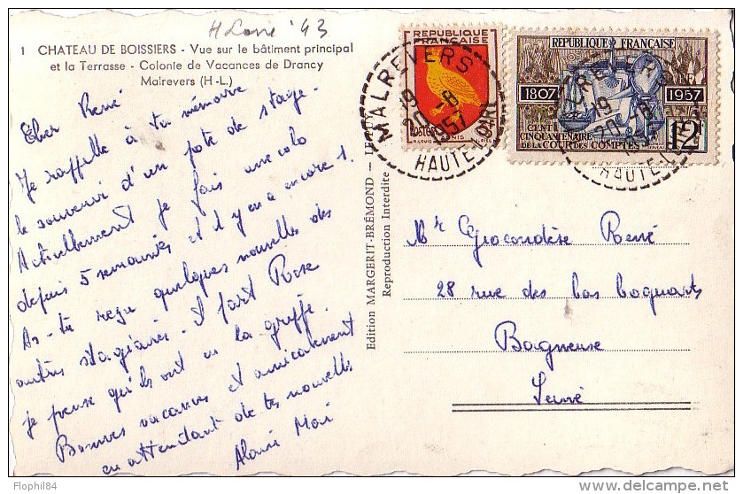 HAUTE LOIRE - MALREVERS LE 20-8-1957 - CARTE POSTALE DU CHATEAU DE BOISSIERS COLONIE DE VACANCES DE DRANCY. - Cachets Manuels