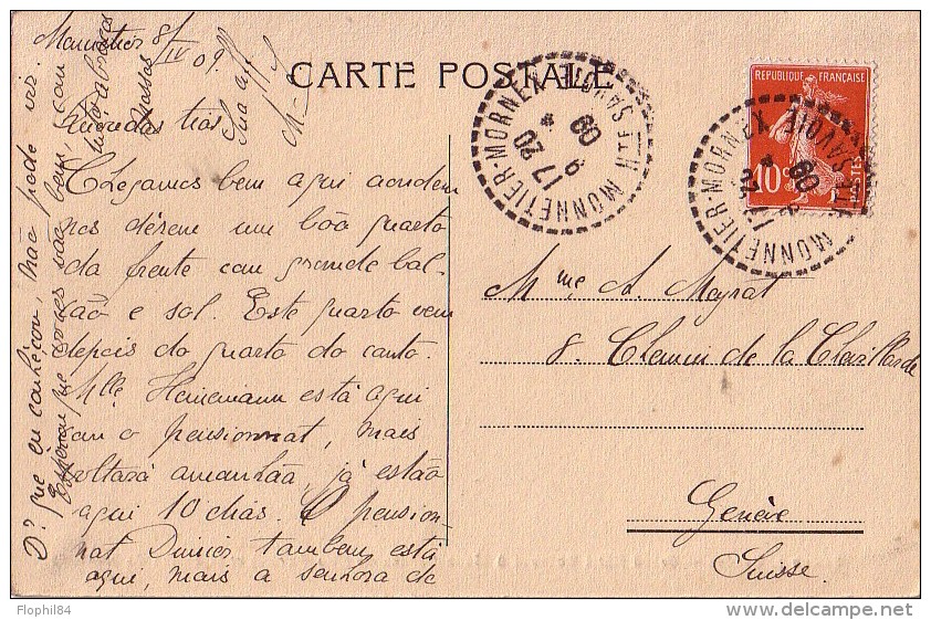 HAUTE SAVOIE - MONNETIER-MORNEX LE 9-4-1909 SUR 10c SEMEUSE - CARTE POSTALE POUR LA SUISSE GRAND HOTEL A MONNETIER. - Cachets Manuels