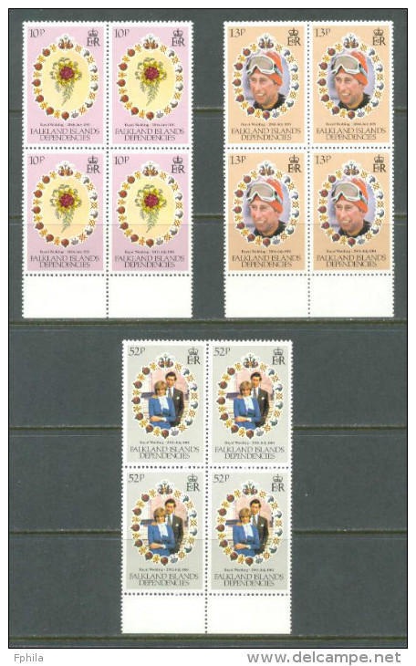 1981 FALKLAND ISLANDS DEPENDENCIES ROYAL WEDDING OF PRINCE CHARLES & LADY DIANA MICHEL: 99-101 BLOCK OF 4 MNH ** - Géorgie Du Sud