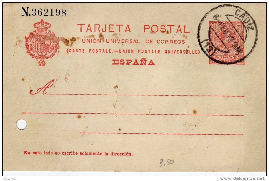 1459 Entero Postal Cadiz 1912 Alfonso Xlll Medallon - 1850-1931