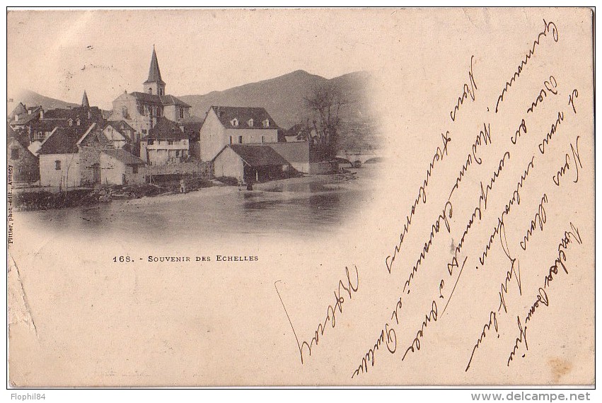 SAVOIE - LES ECHELLES SUR 10c TYPE SAGE - CARTE POSTALE SOUVENIR DES ECHELLES. - Cachets Manuels