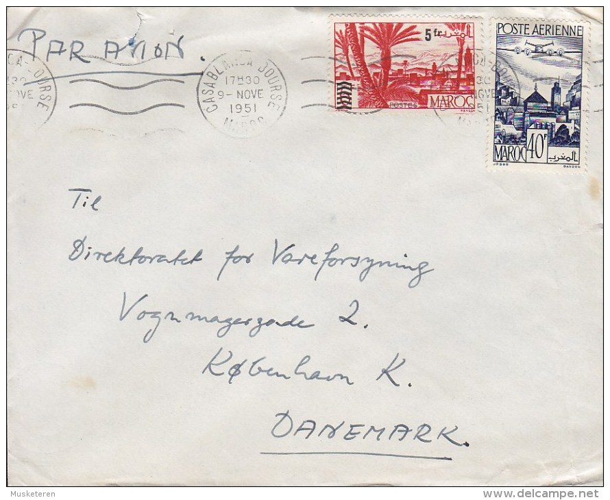 Maroc Morocco Airmail Par Avion CASABLANCA BOURSE 1951 Cover Lettre To Denmark Overprinted Stamp Aeroplane Arienne - Lettres & Documents