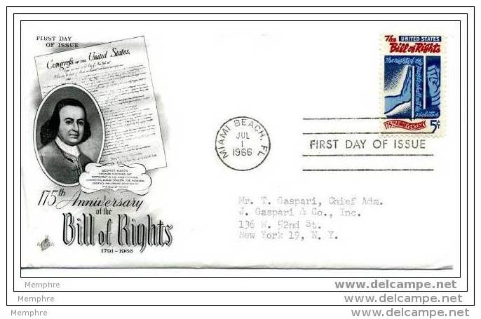 1966  150 Th Ann Bill F Rights   Sc #1312  Art Craft Cachet Adressed - 1941-1950