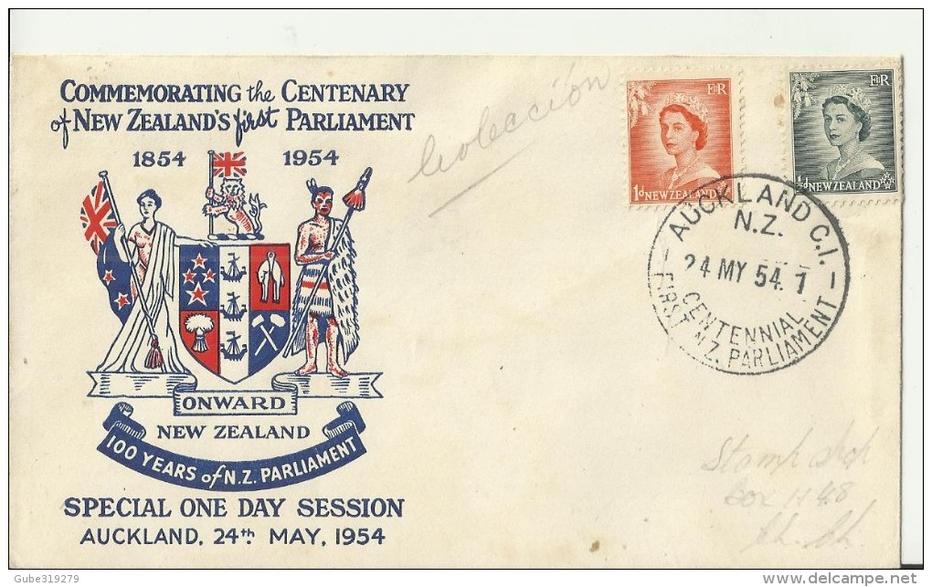 NEW ZEALAND 1954 - FDC 100 YEARS OF N.ZEALAND FIRST PARLIAMENT W 2 STS OF 1/2-1 D  (QUEEN ELIZABETH II) POSTM AUCKLAND M - FDC