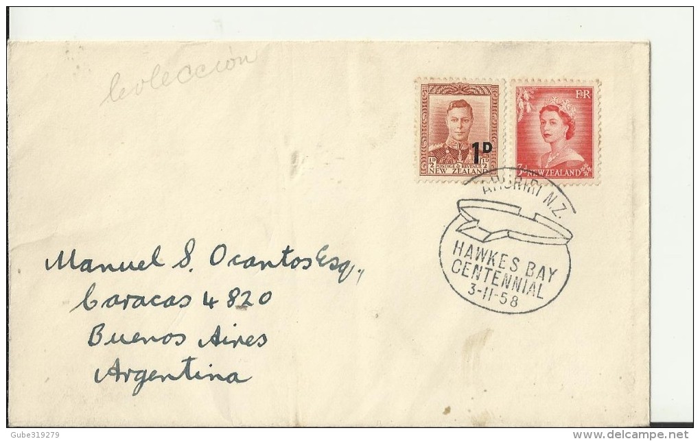 NEW ZEALAND 1958 - FDC HAWKES BAY CENTENNIAL W 2 STS OF 1/2-(OVERPRINTED 1d)-3 D (Q.ELISABETH II) ADDR TO ARGENTINA POST - FDC