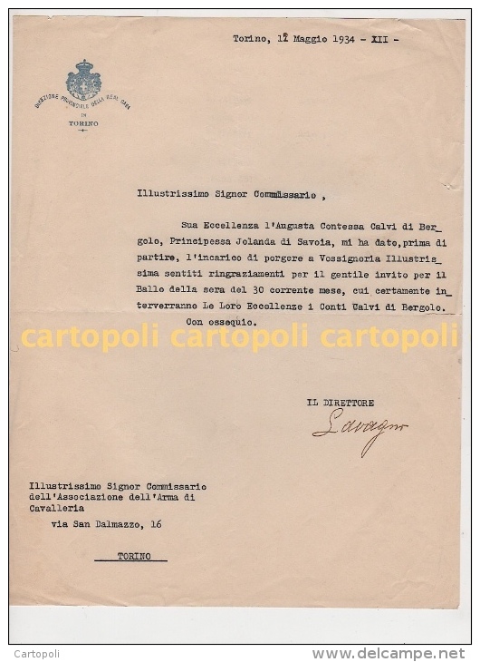 ^ TORINO REAL CASA CONTESSA CALVI DI BERGOLO PRINCIPESSA JOLANDA SAVOIA CAVALLERIA DOCUMENTO 27 - Documenti Storici