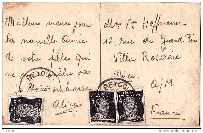 TURQUIE - BEYOGL LE 21-1-1948 - CARTE POSTALE POUR LA FRANCE. - Storia Postale