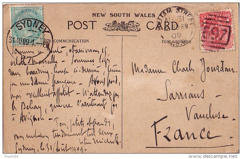 AUSTRALIE - NEW SOUTH WALES 30-8-1909 + CACHET SYDNEY - CARTE POSTALE POUR LA FRANCE. - Covers & Documents