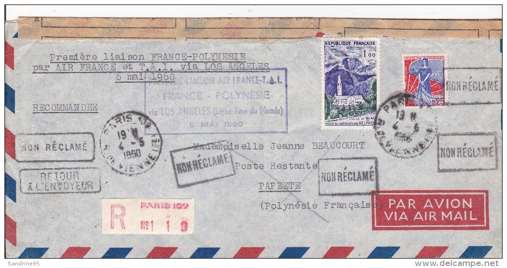 TAHITI ........PREMIER VOL AERIEN 1960 ....LETTRE .......ALLER / RETOUR - Tahiti