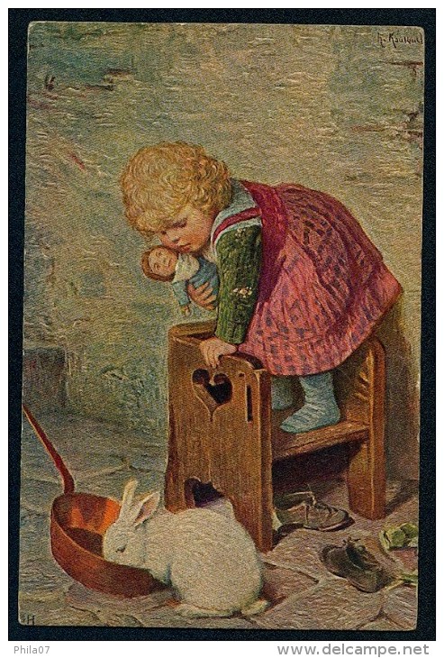 Kaulbach, H. - Poltroons - Girl, Rabbit  ------- Postcard Traveled - Kaulbach, Hermann