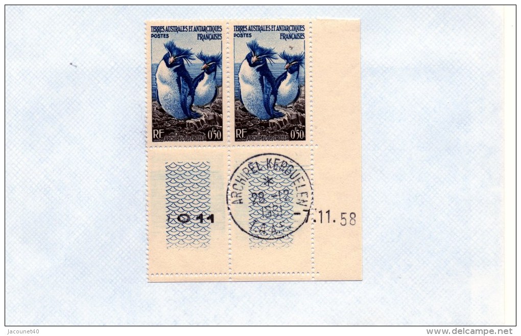 Taaf Manchot Gorfou N°2 Paire Coin Daté Du 7/1/1958 Oblitéré En Marge Le 28/12/1961 - Antarktischen Tierwelt