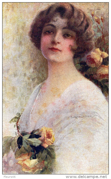 Illustrée Signée C. MONESTIER : Femme Aux Roses Jaunes - Monestier, C.