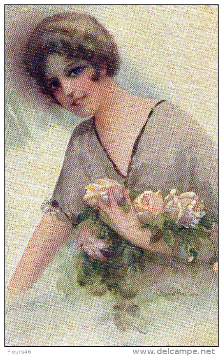 Illustrée Signée C. MONESTIER : Femme Aux Roses Blanches - Monestier, C.