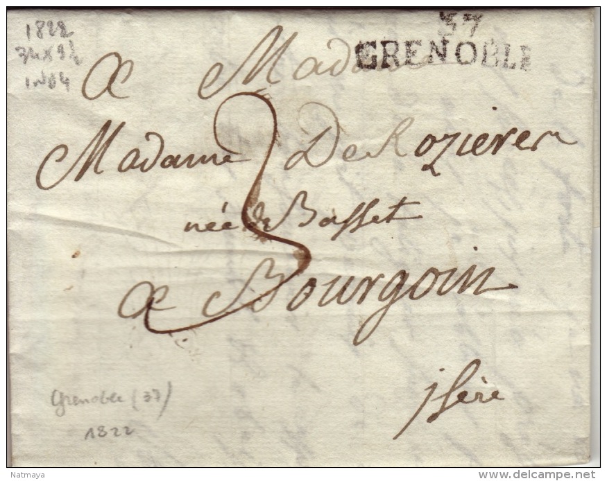 Isere - 37 Grenoble- Lettre à Bourgoin  -PD34x9.5 TM3 N -  1822 - 1801-1848: Précurseurs XIX