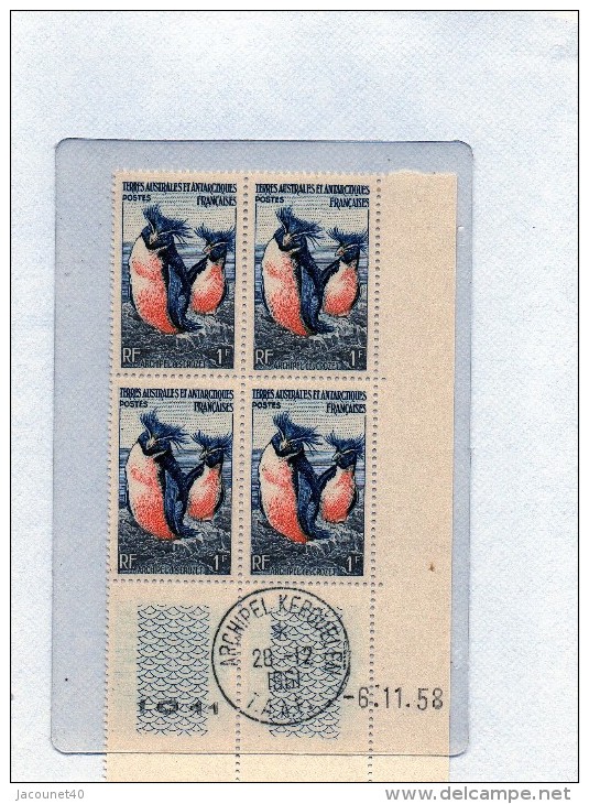 Taaf  Manchot Gorfou Timbre Neuf N°3 Bloc De 4 Du 6/11/1958 Oblitéré Le 21/12/1961 - Unused Stamps