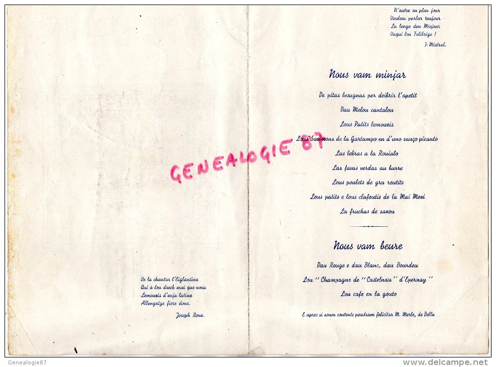 87 - BESSINES SUR GARTEMPE - BEAU MENU XXXVE FETE DE L' EGLANTINE 15-9-1935- - Menus