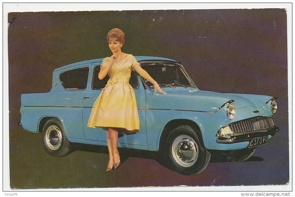 Ford ANGLIA DE LUXE C. 1958 With Girl In Front Oversized Postcard Pinholes + Bent Corner - Passenger Cars