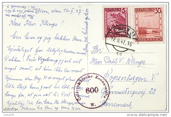 1947 Österreichische Zensurstelle 600 W. Auf AK Nach Dänemark - Brieven En Documenten