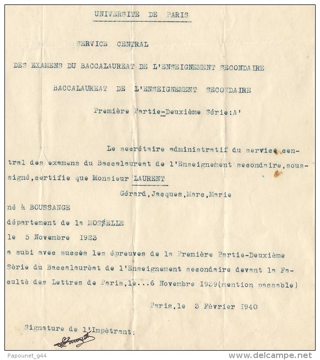 Diplôme Baccalauréat De L'Enseignement Secondaire 1940 - Diplomi E Pagelle