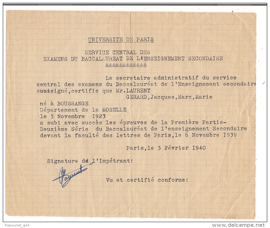 Diplôme Baccalauréat De L'Enseignement Secondaire 1940 - Diplome Und Schulzeugnisse