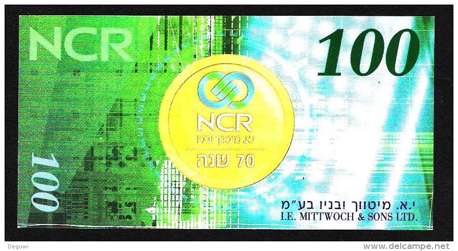 Test Note "NCR - ISRAEL", 100 Shekel, TYP 70, Testnote, Beids. Druck, RRRR, UNC, 138 X 71 Mm - Israel