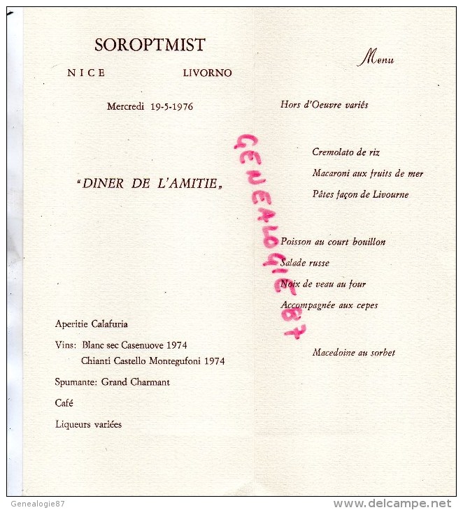 06- NICE- ITALIE - LIVORNO- MENU RISTORENTE " LA TORRE DI CALAFURIA " 1976- SOROPTMIST- DINER DE L' AMITIE - Menükarten