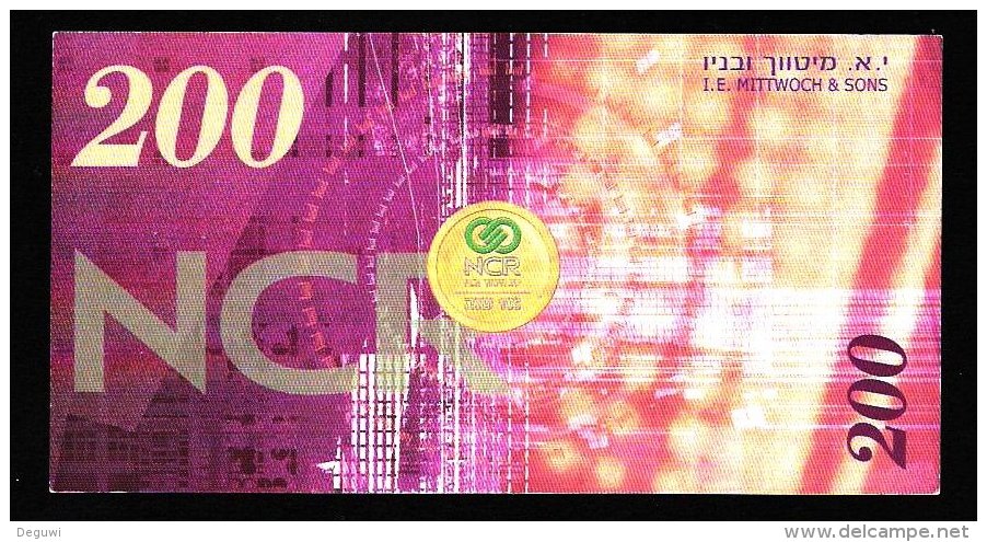 Test Note "NCR - ISRAEL", 200 Shekel, TYP 103, Testnote, Beids. Druck, RRRR, UNC, 138 X 71 Mm - Israel