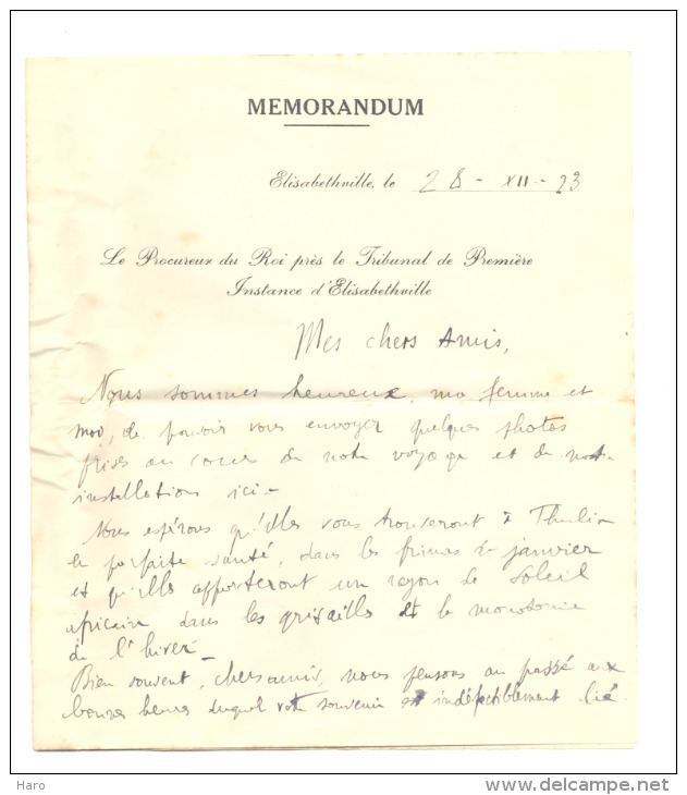 CONGO BELGE - Elisabethville 1923 - Lettre à Entête - Procureur Du Roi - Tribunal De Première Instance  (sf87) - 1900 – 1949