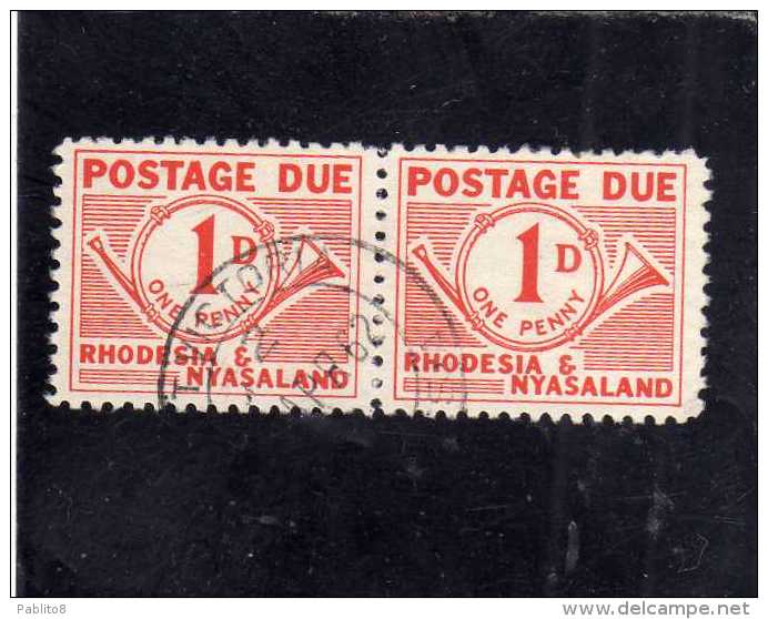 RHODESIA & NYASALAND RODESIA 1961 POSTAGE DUE 1 D PAIR SEGNATASSE COPPIA USED - Rhodesia & Nyasaland (1954-1963)