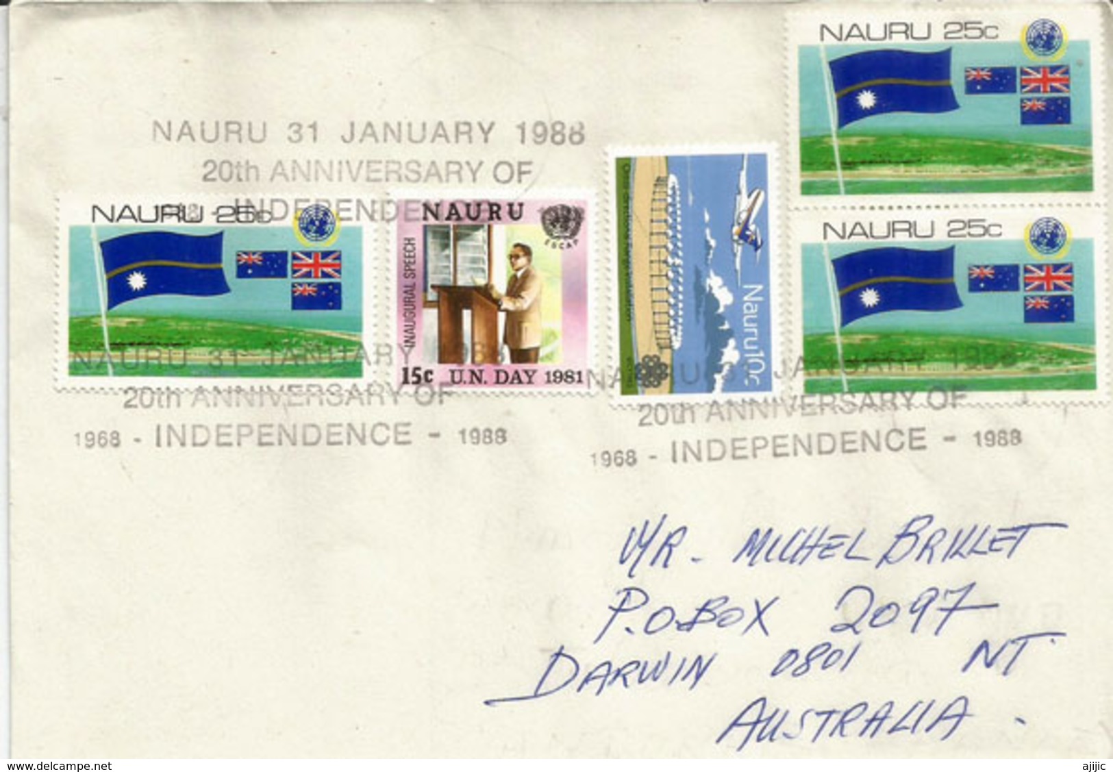 Lettre De L'ile Nauru Océan Pacifique, Adressée  En Australie (oblit. Commemorative 20 Ieme Anniv.Independance) RARE - Iles