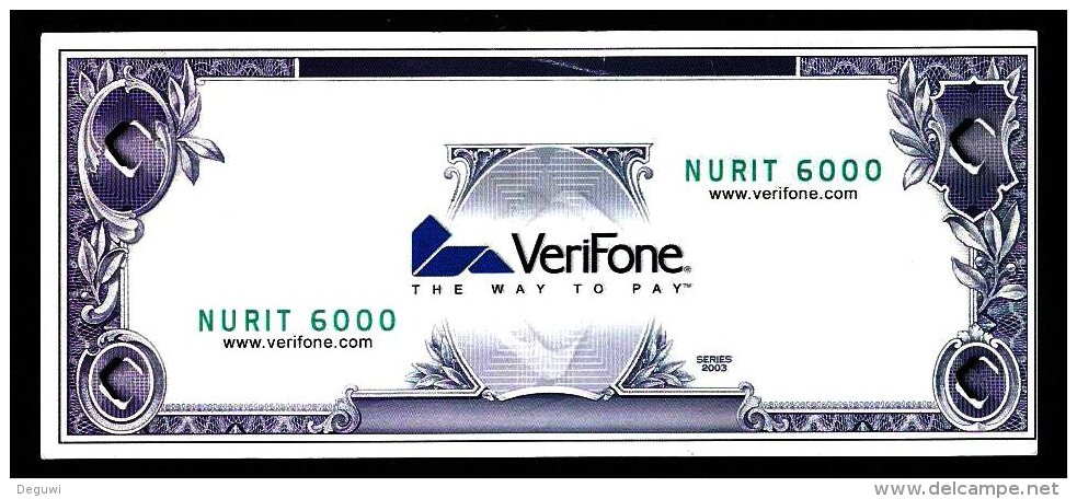 Test Note "VERIFONE - USA", W/o Value, Testnote, Beids. Druck, RRRR, Used, 154 X 66 Mm - Sonstige & Ohne Zuordnung