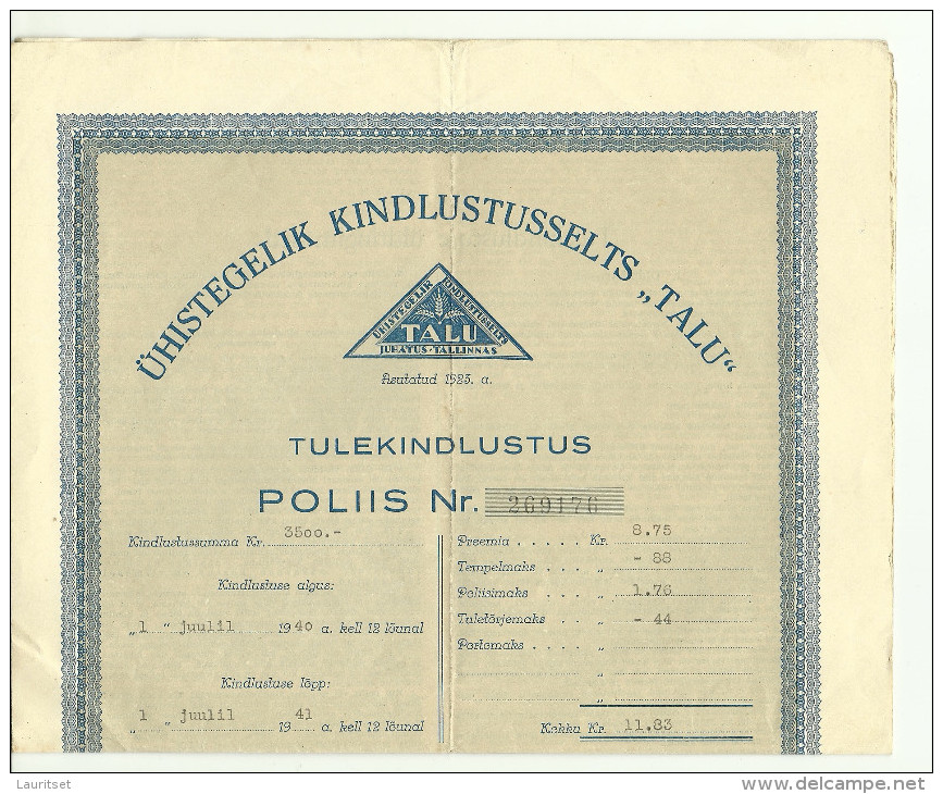 Estland Estonia Estonie Versicherungspolis Insurance Police 1940 Versicherungsgesellschaft TALU - Bank En Verzekering