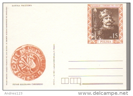 P028 Poland Postal Card 1987 - Denar, Boleslaw I Coin - Stamped Stationery