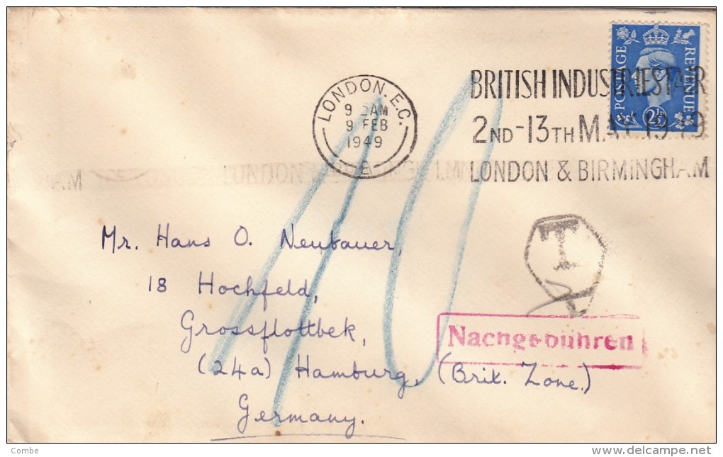 1949 , LETTRE LONDON, LONDON & BIRMINGHAM Pour HAMBURG BRIT. ZONE, TAXE 10/5225 - Tasse