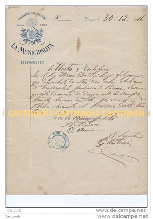 ^ 1916 DONGIO ACQUAROSSA BLENIO CANTONE CANTON TICINO DOCUMENTO R - Documenti Storici