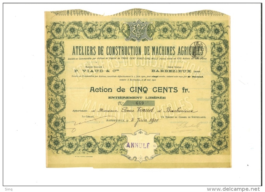 Ateliers De Construction De Machines Agricoles 5 Juin 1900 - Agriculture