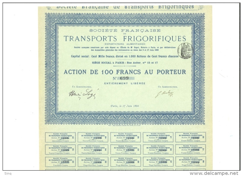 Transports Frigorifiques - Action De 100 Francs 17 Juin 1899 - Transport